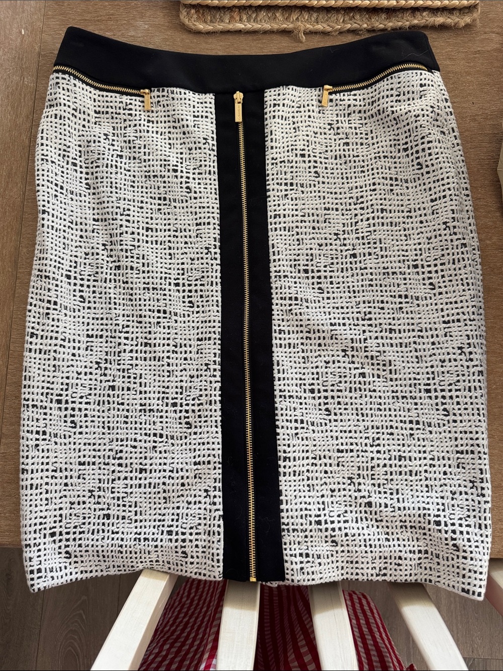 Calvin Klein Black and White Tweed Pencil Skirt with Gold Zipper